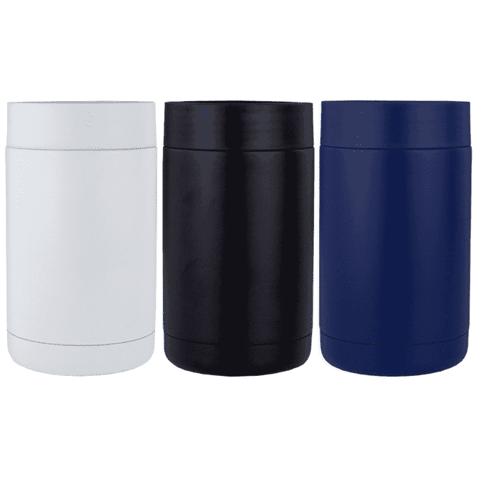 A drink bottle holder set featuring three can holders in white, black, and navy blue, each with a smooth exterior.