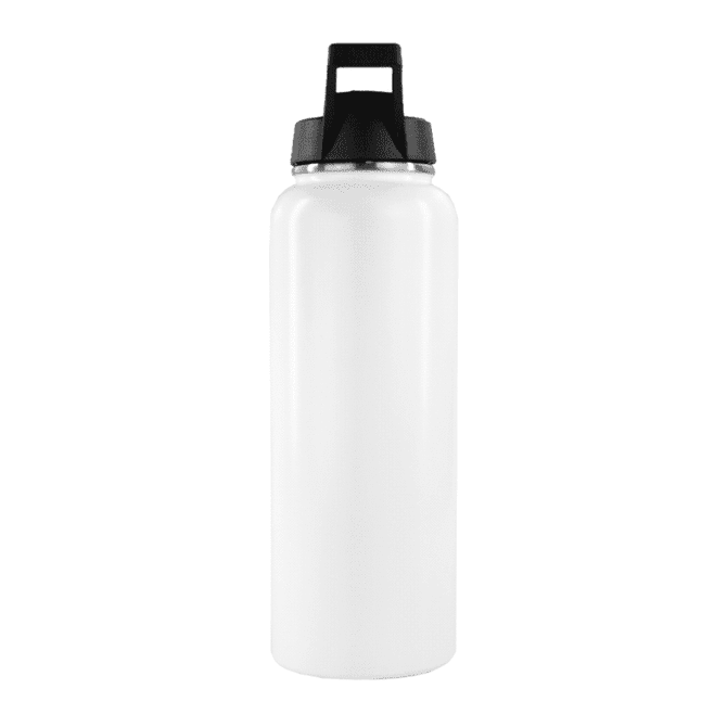 A drink bottle in white with a black lid, featuring a logo on the side. Ideal for hydration on the go.