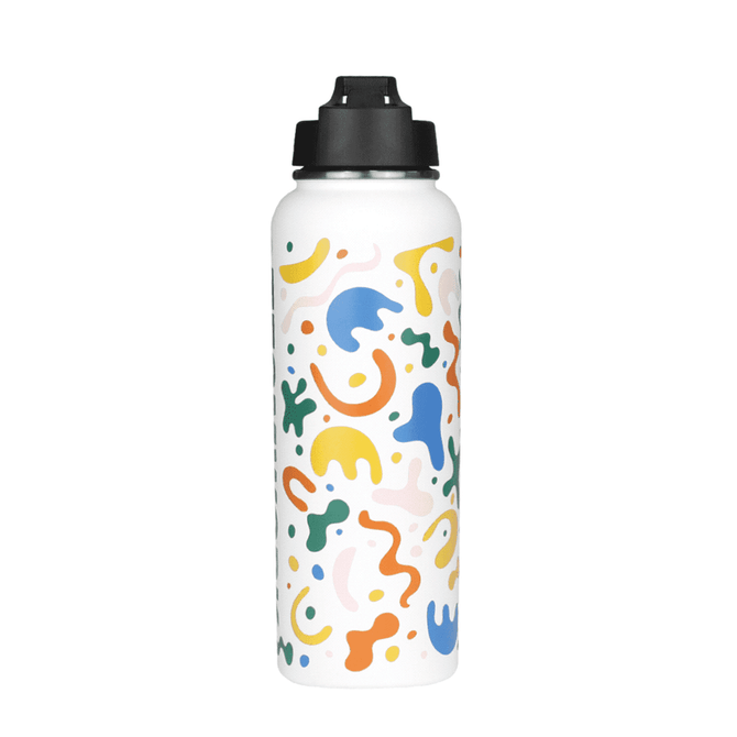 A drink bottle in white featuring a colourful abstract design, topped with a black cap. It has a branding logo.