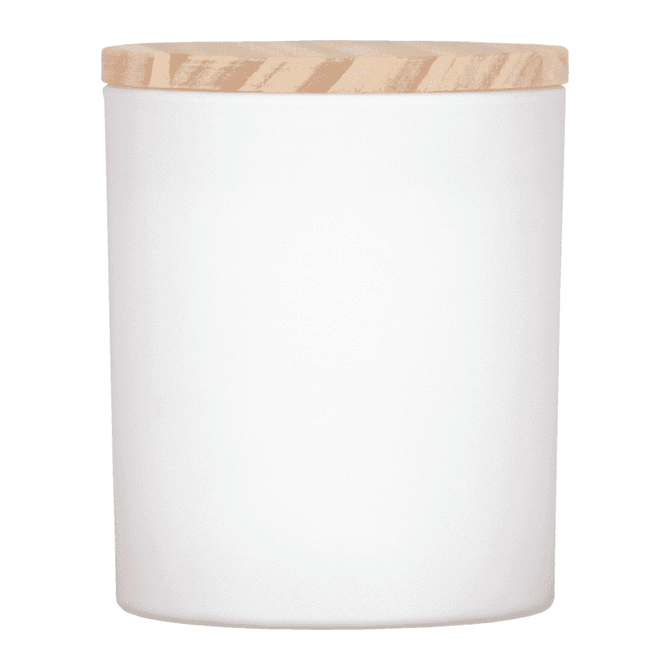 A white scented candle with soy wax, featuring a wooden lid. The candle is simple and elegant in design.