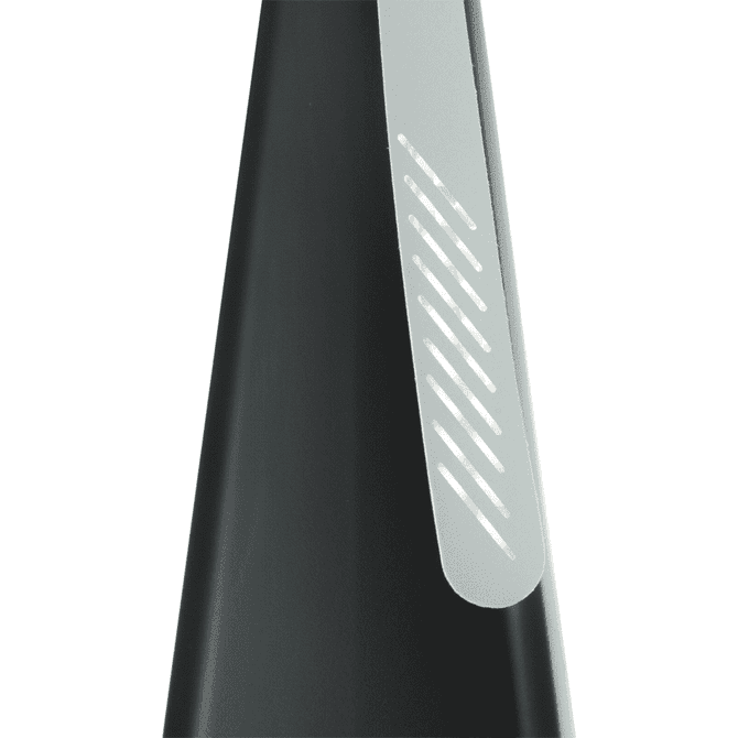 A black fan with a silver side accent, featuring a sleek, conical design. It includes a logo on the surface.