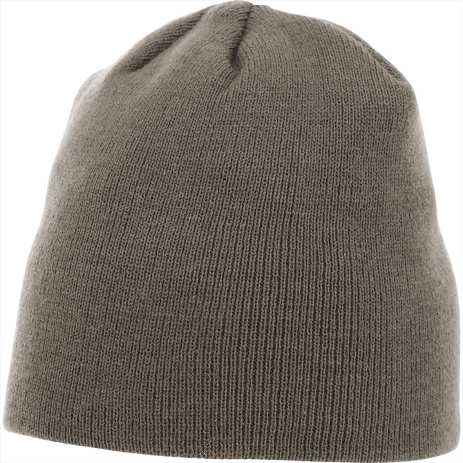 A unisex level knit beanie in a muted olive green colour, featuring a minimalistic design and a logo.