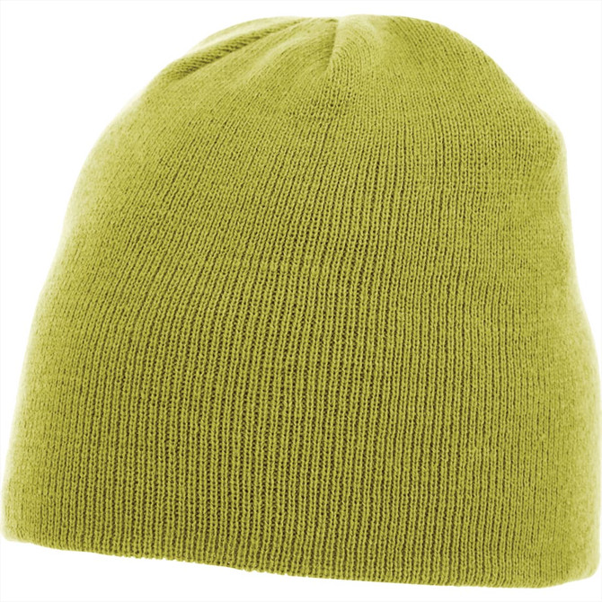 A unisex beanie in a bright green colour, featuring a simple knit design and a logo.