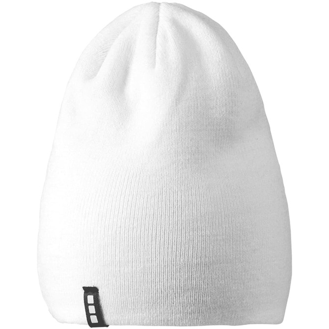 A white unisex knit beanie featuring a small logo on the side.