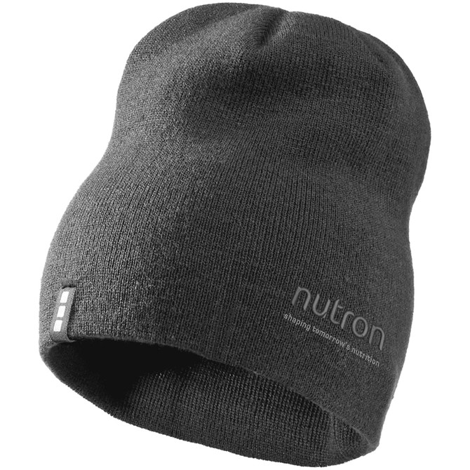 A grey unisex beanie with a logo, featuring a soft knitted texture.
