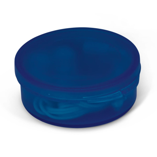 A round, blue container featuring Mondo Earbuds coiled neatly inside. The container has a simple closure mechanism.
