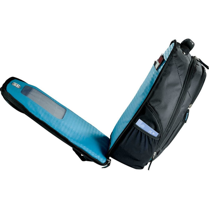 A black and teal backpack with a zipped compartment and a transparent pocket, designed for laptops.