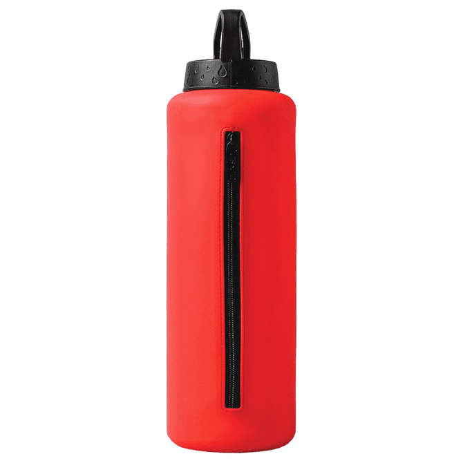 A drink bottle in bright red with a black lid and a zippered section. Features a logo on the side.
