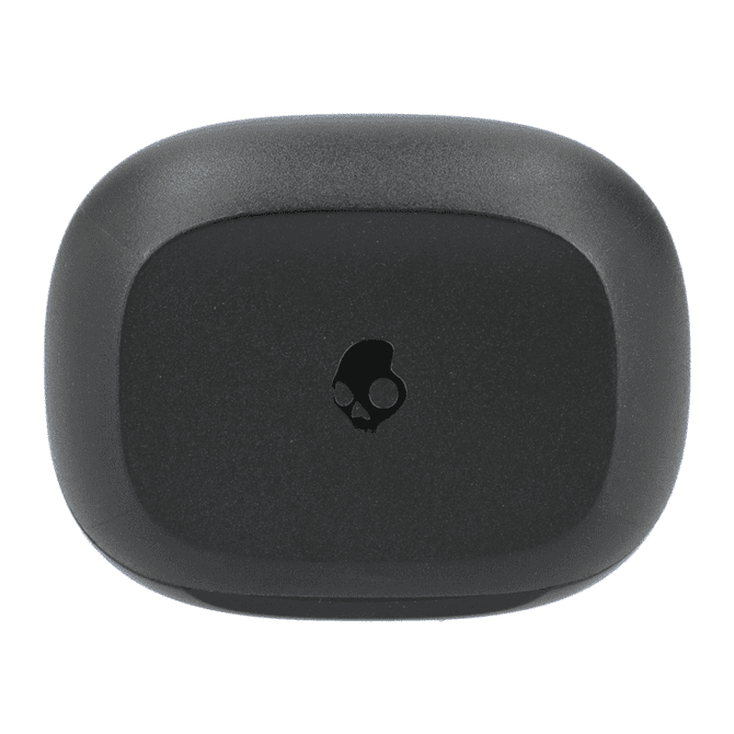 A black earbud case with a minimalist design and a logo on the front.