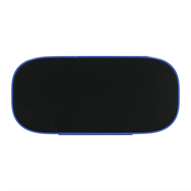 A Bluetooth speaker in blue with a black mesh grille and a sleek, compact design. It features a logo.