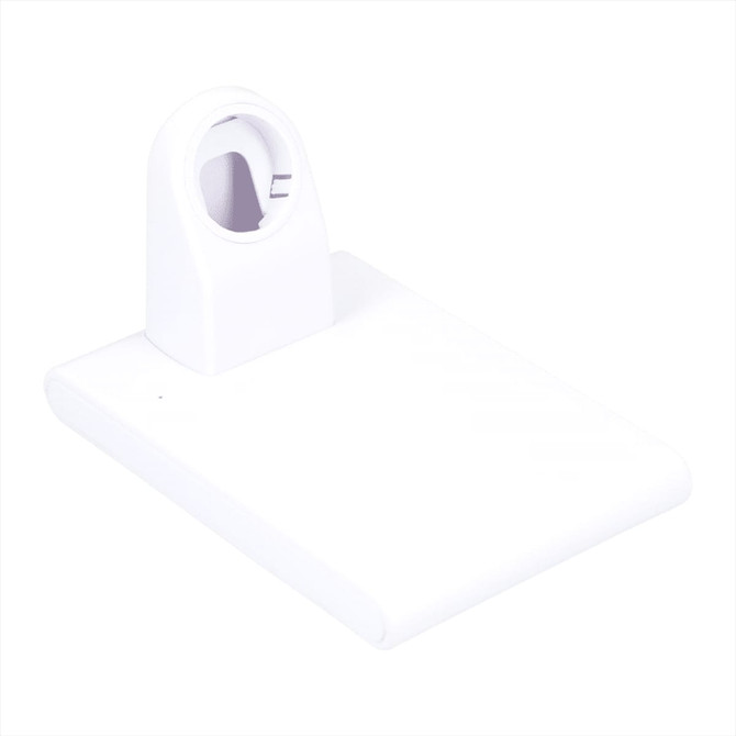 A white wireless charging pad with a holder for an iWatch, featuring a sleek, minimalist design.