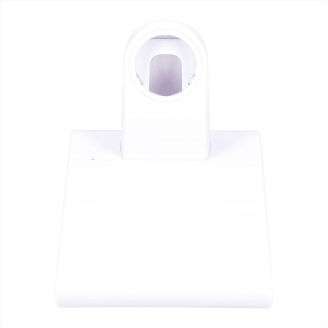 A white wireless charging pad and iWatch holder with a sleek, minimalist design and an integrated holder.