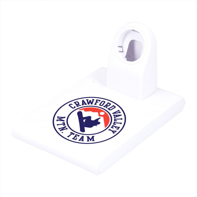 A white wireless charging pad with a holder for an iWatch and a logo printed on the surface.