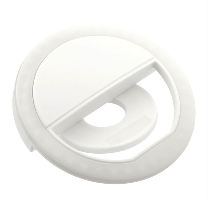 A white circular LED light with a flat base and a semi-circular opening for mounting. It features a smooth finish and has a logo.