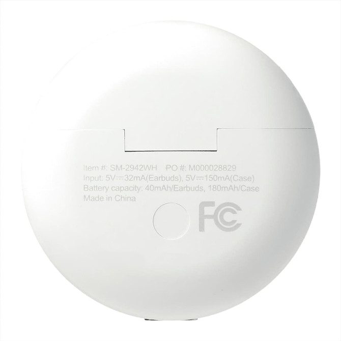 A white charging case for wireless earbuds featuring a round design and a branding logo on the surface.