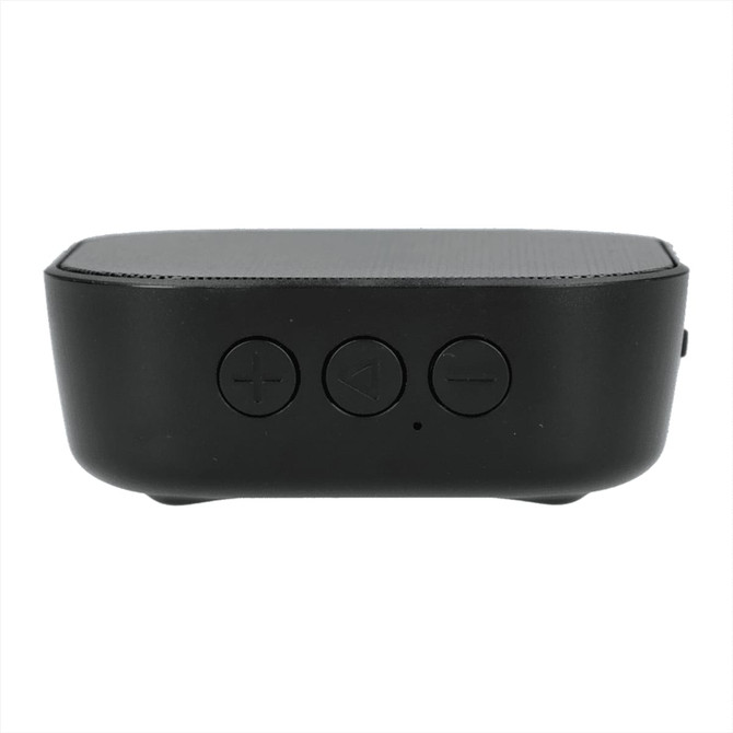 A black Bluetooth speaker with control buttons on the front and a sleek, rectangular design.