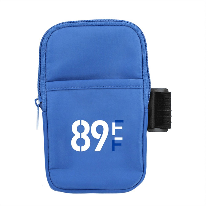 A drink bottle pouch in blue with a zippered pocket and branding. It features an adjustable strap for securing.