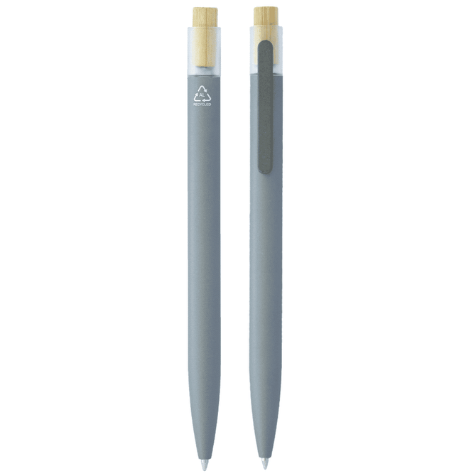 Recycled aluminium pen with bamboo clicker. Grey body with bamboo accents. Includes a logo.