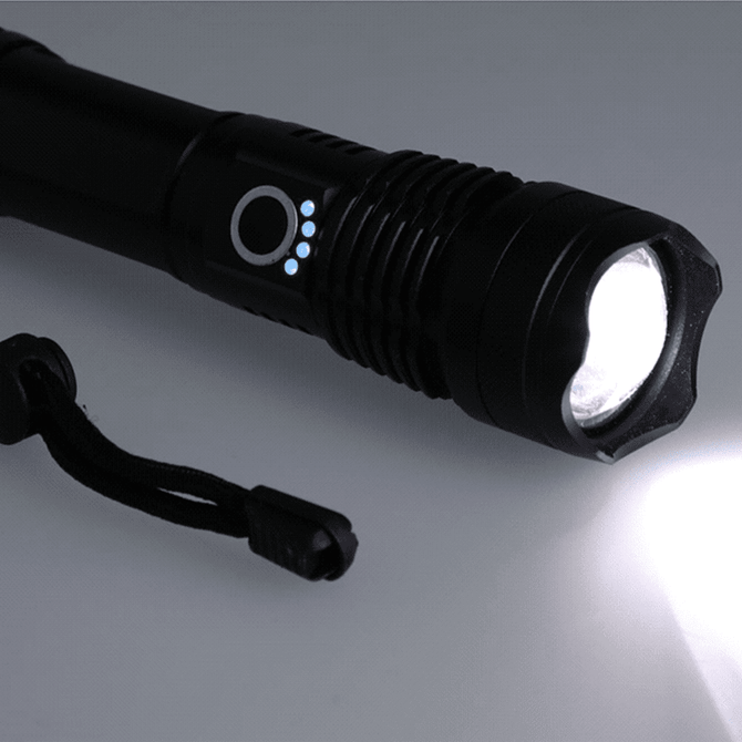 A black 200 lumen LED flashlight with a textured grip and a loop for attaching to keyrings.