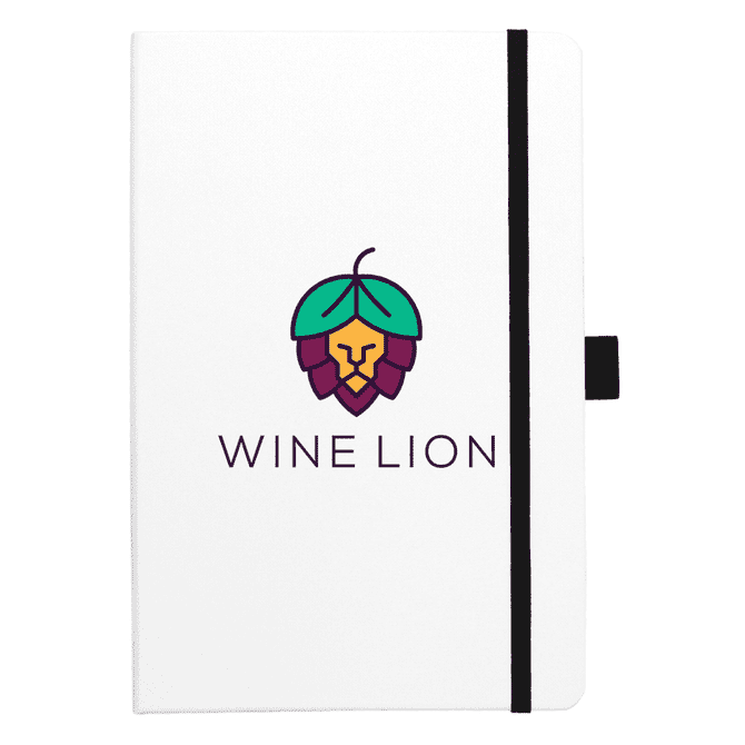A white bound journal with black accents featuring a colourful logo.