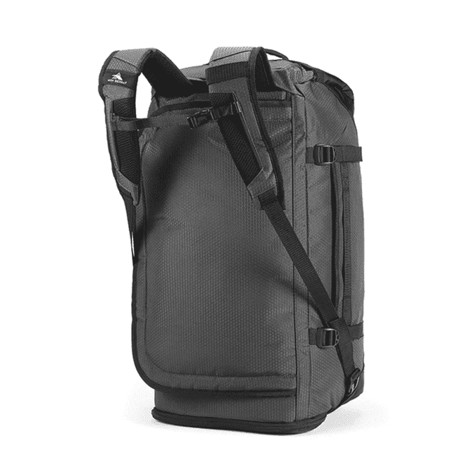 A grey duffel backpack with adjustable straps and buckles, featuring a logo.