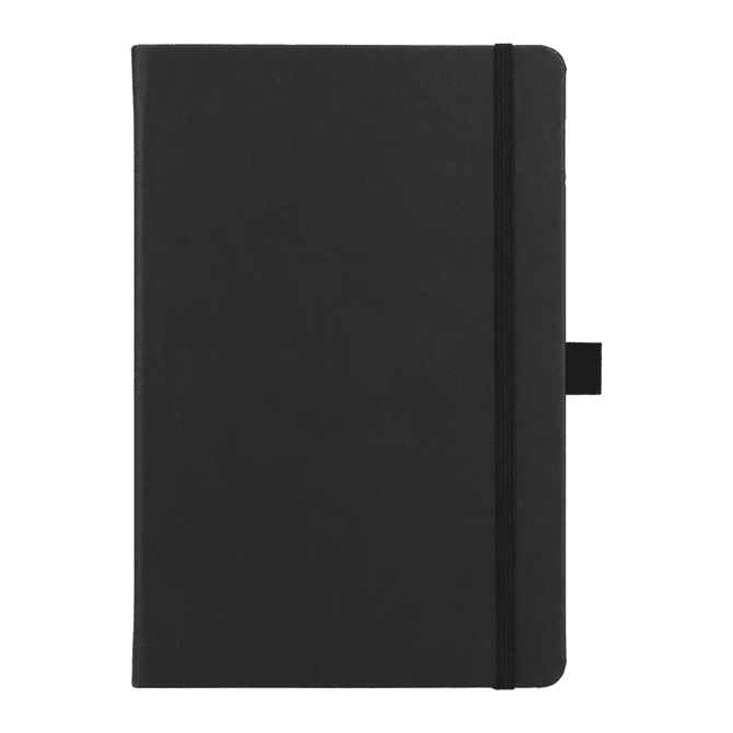 A black hardbound journal with an elastic closure and a bookmark. It features a logo on the cover.