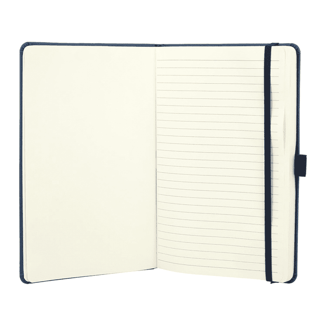 A navy blue hardbound journal with lined pages and a ribbon bookmark. It features a logo on the cover.