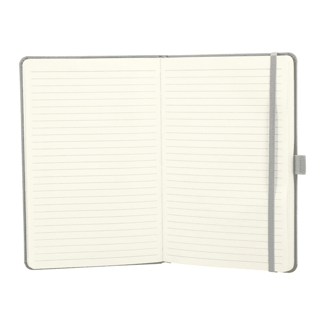 A grey recycled hard bound journal with lined pages and an elastic closure.