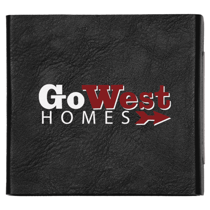 A black folder featuring a logo with the text "Go West HOMES" and a decorative arrow.
