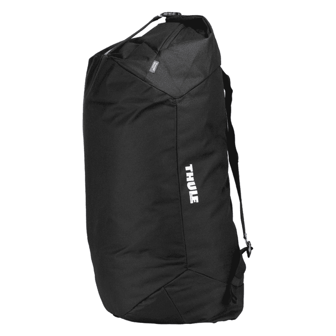 A black duffel bag with mid blue accents and a logo on the side.