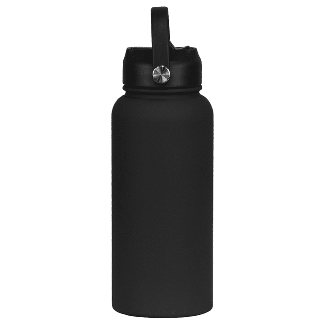A drink bottle in matte black with a rubber-coated finish and a sturdy lid, featuring a handle and branding.