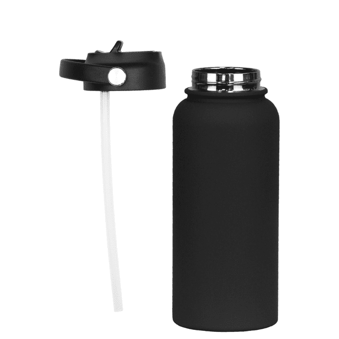 A drink bottle in matte black with a rubber coating, featuring a removable lid and straw. Includes a logo.