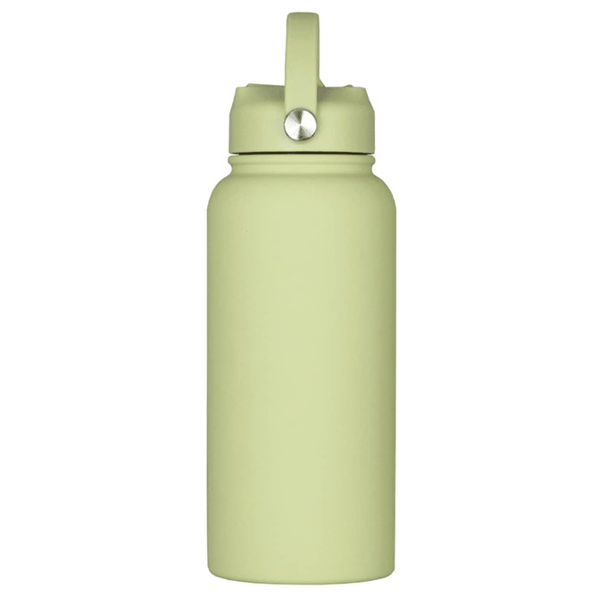 A drink bottle in soft green, featuring a rubber coating and a handle on the lid. It has a logo on the body.
