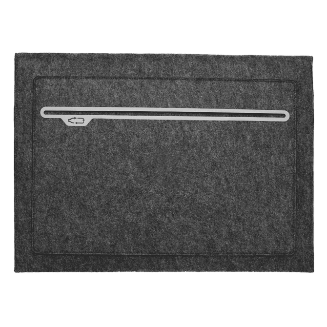 A grey felt laptop sleeve with a sleek design and a subtle zipper. Features a branding logo.