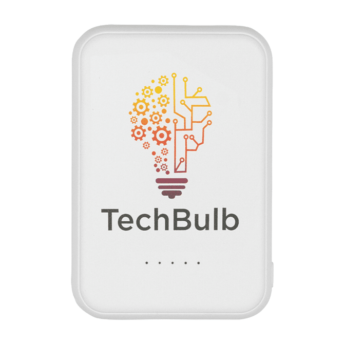 A white power bank with a colourful light bulb graphic and branding. Features a slim design for portability.