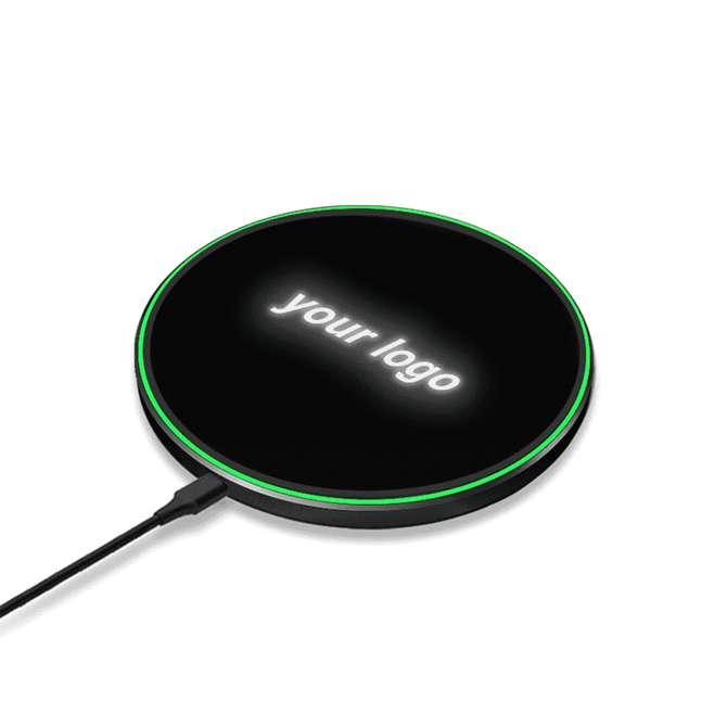 A black wireless charger with a green accent and a logo displayed on top.