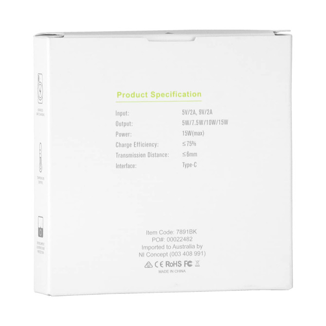 A white box containing product specifications for a QI Wireless Charger, featuring various inputs and outputs.