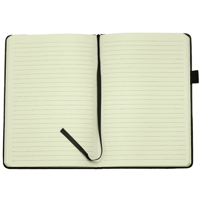 A black A5 notebook with recycled paper, featuring lined pages and a ribbon bookmark.