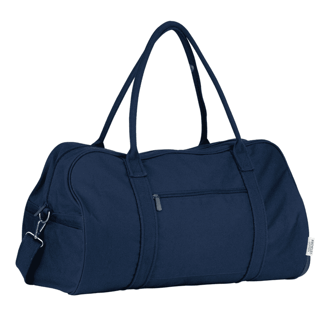 A navy duffel bag with dual handles, a shoulder strap, and a front zipper pocket. It features a logo.