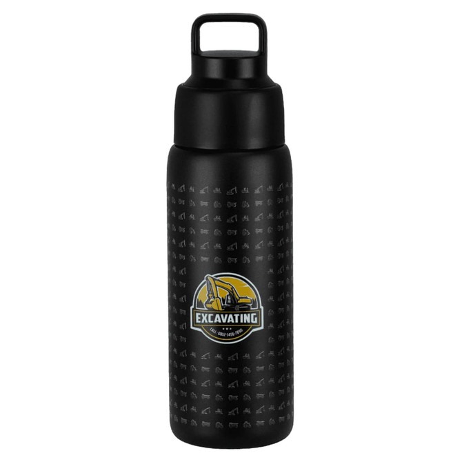 A drink bottle featuring a textured black design and a prominent logo, with a sturdy lid and handle.