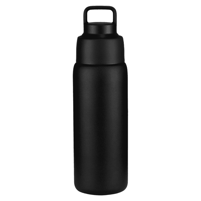 A drink bottle in matte black, featuring a handle and a sleek, modern design. It includes a logo.
