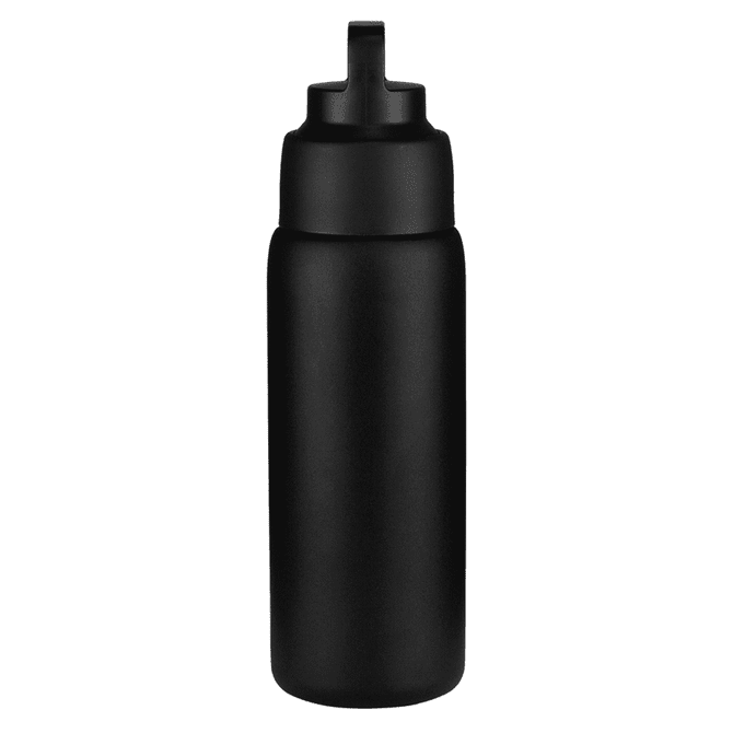 A drink bottle in matte black, featuring a lid and a logo on the body. Suitable for keeping beverages hot or cold.
