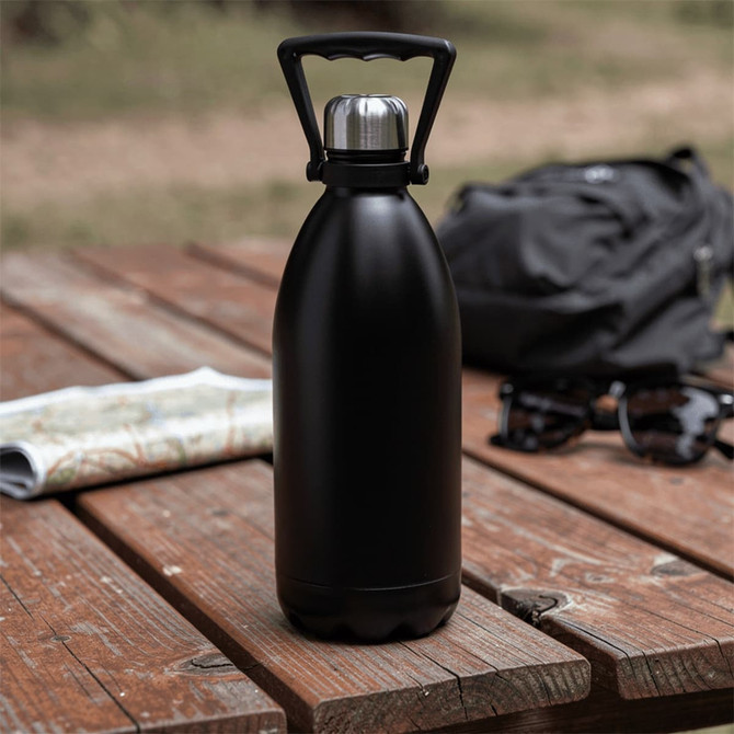 A drink bottle in matte black stainless steel with a metal lid, placed on a wooden table beside a map and sunglasses.
