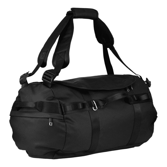 A black duffel bag with adjustable straps and a sleek design, featuring a logo on the side.