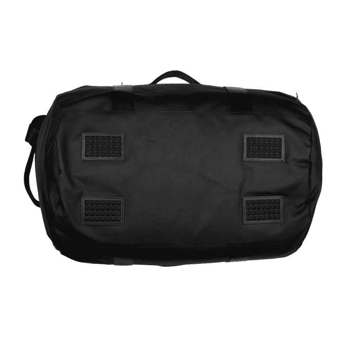 A black duffel bag with textured grips on the base, featuring carry handles and a shoulder strap.