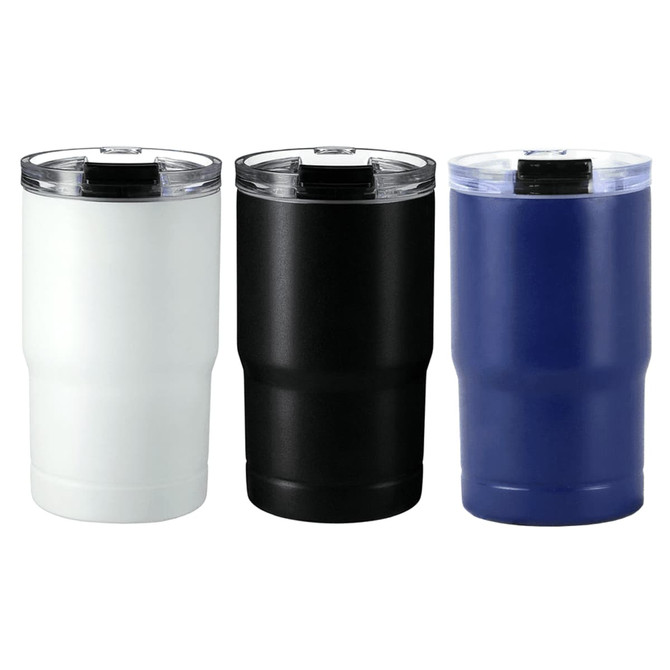 A drink bottle set featuring three tumblers in white, black, and navy blue, each with a clear lid and a logo.