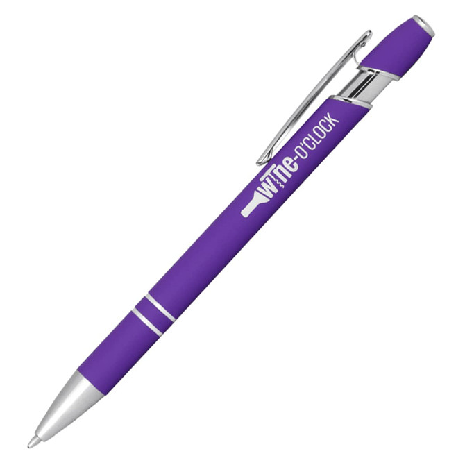 A purple click action ballpoint pen with a silver clip and a logo on the barrel.