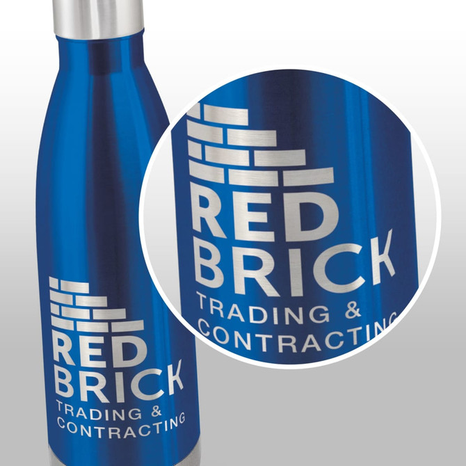 A drink bottle featuring a sleek blue exterior and a logo, designed for promotional use.