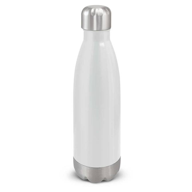 A drink bottle in matte white with a stainless steel base and cap, featuring a logo.