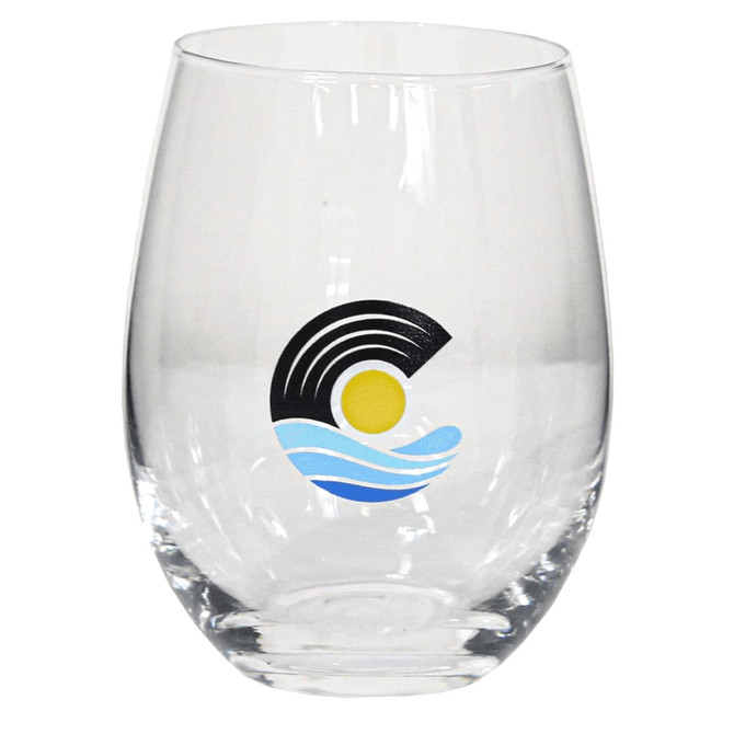 A stemless wine glass with a clear body, featuring a logo with black, yellow, and blue design elements.